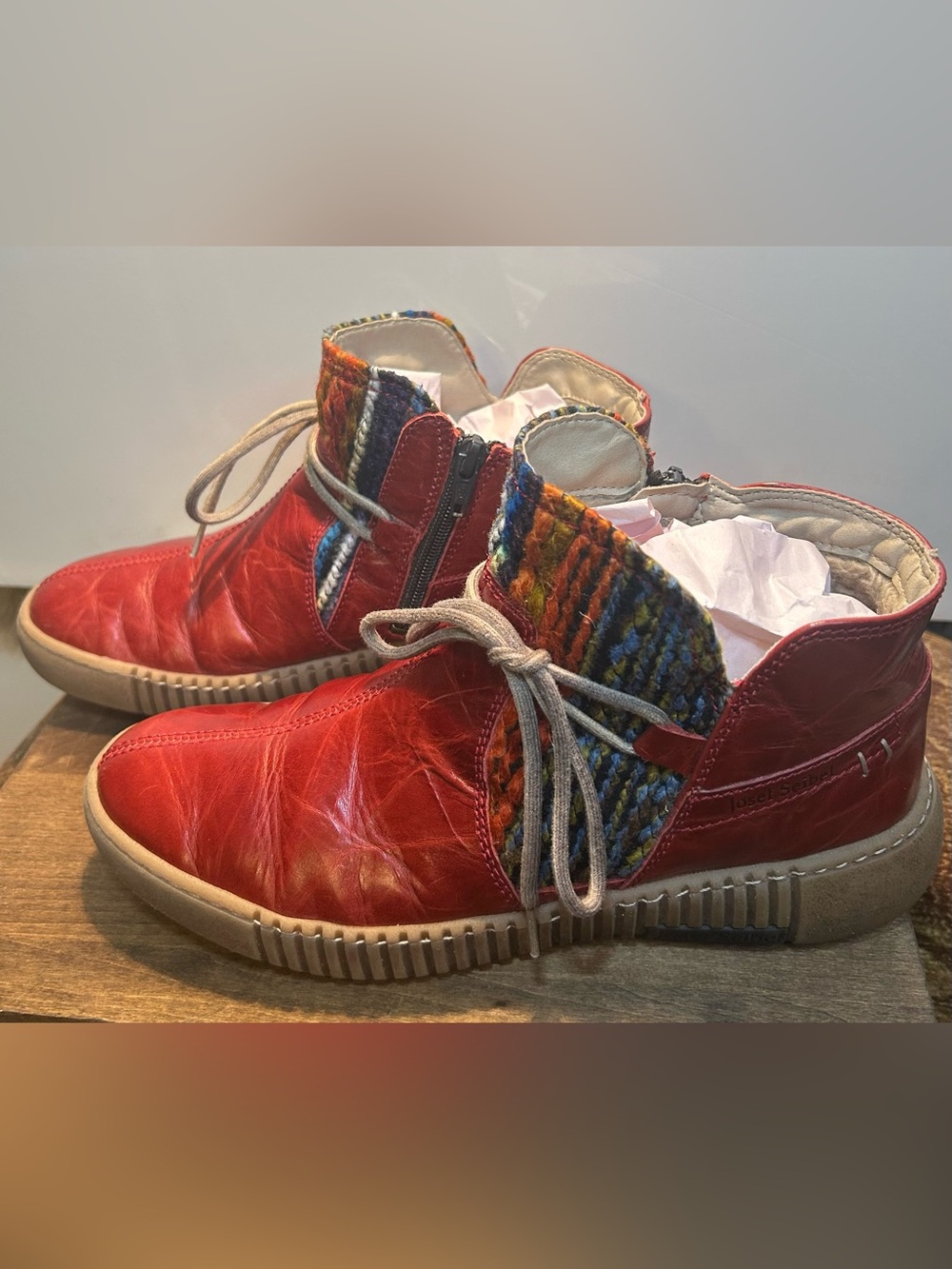 Josef Seibel Women’s Red Leather Plush Interior/Knit Collar Ankle Boots US 7.5 - Picture 4 of 13